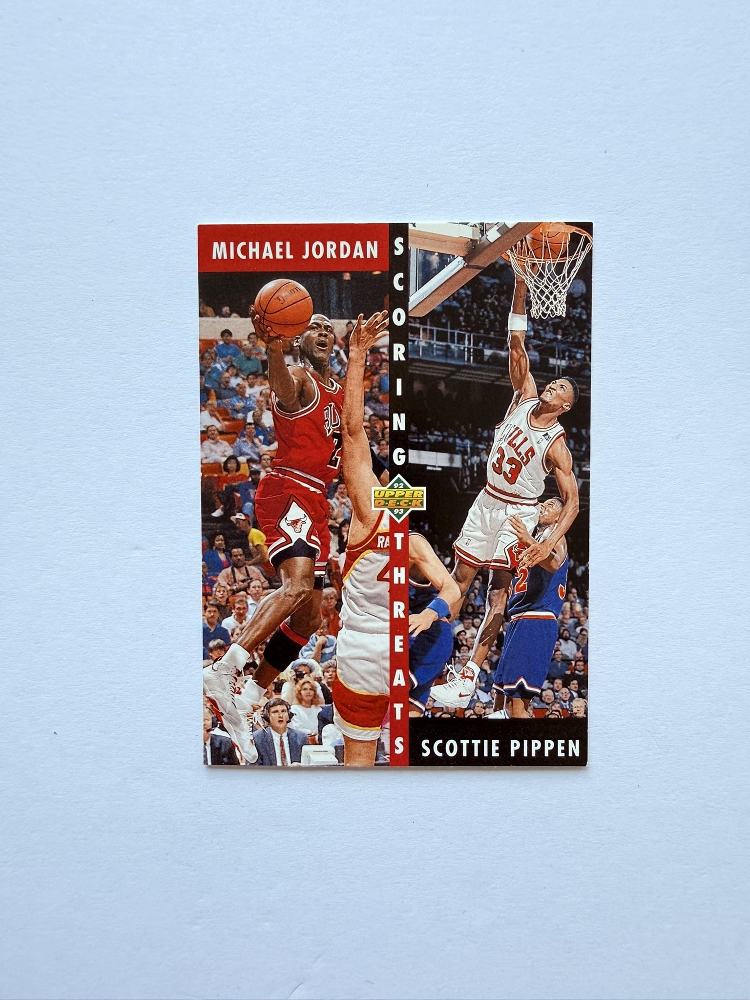 Michael Jordan Scottie Pippen Scoring Threats Upper Deck Card: Michael Jordan and Scottie Pippen Scoring Threats Upper Deck basketball card featuring the legendary Chicago Bulls duo.