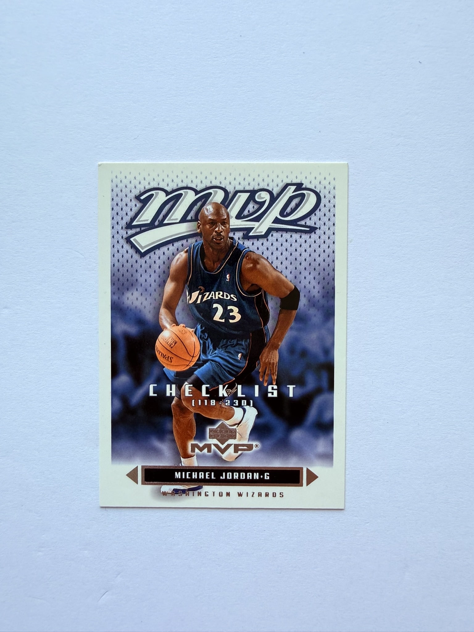 Michael Jordan Upper Deck MVP Checklist Wizards Basketball Card: Michael Jordan Upper Deck MVP Checklist basketball card featuring the Washington Wizards legend.