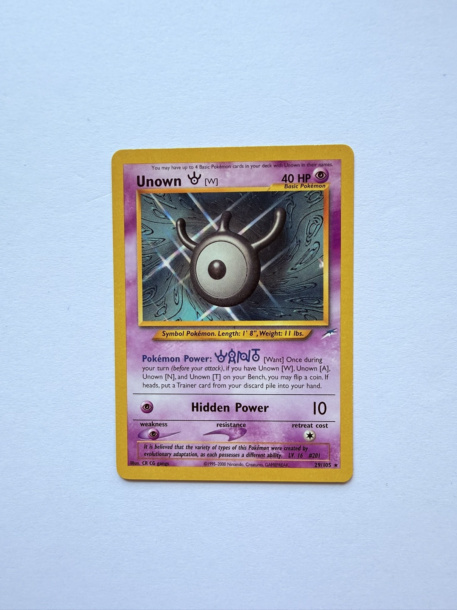 Pokemon Unown W 29/105 Neo Destiny Vintage WOTC Card: Vintage Pokémon Unown [W] card from the Neo Destiny set released during the Wizards of the Coast era.