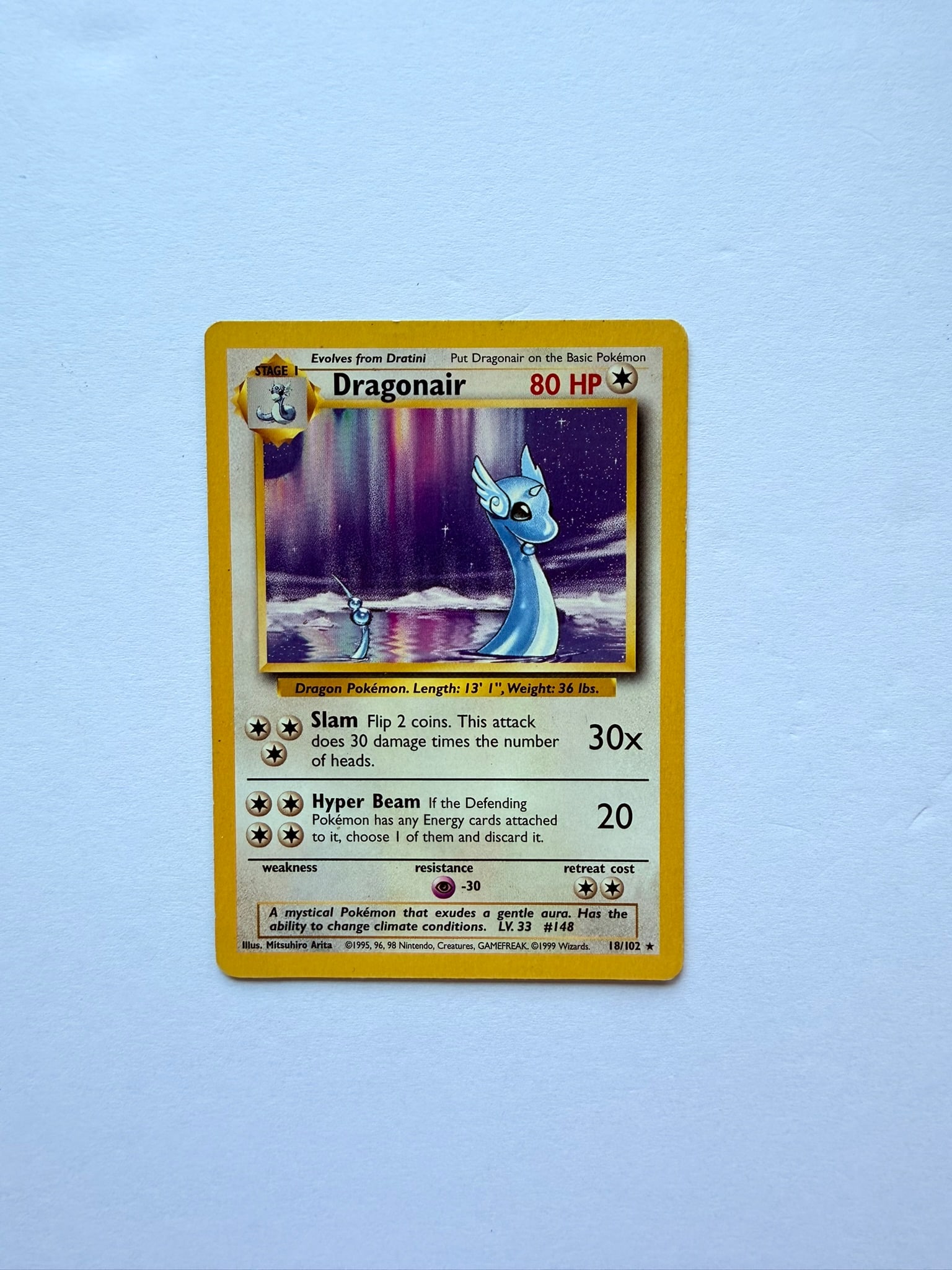 Pokemon Dragonair 18/102 Base Set Vintage WOTC Card: Vintage Dragonair from the original Base Set era released by Wizards of the Coast.