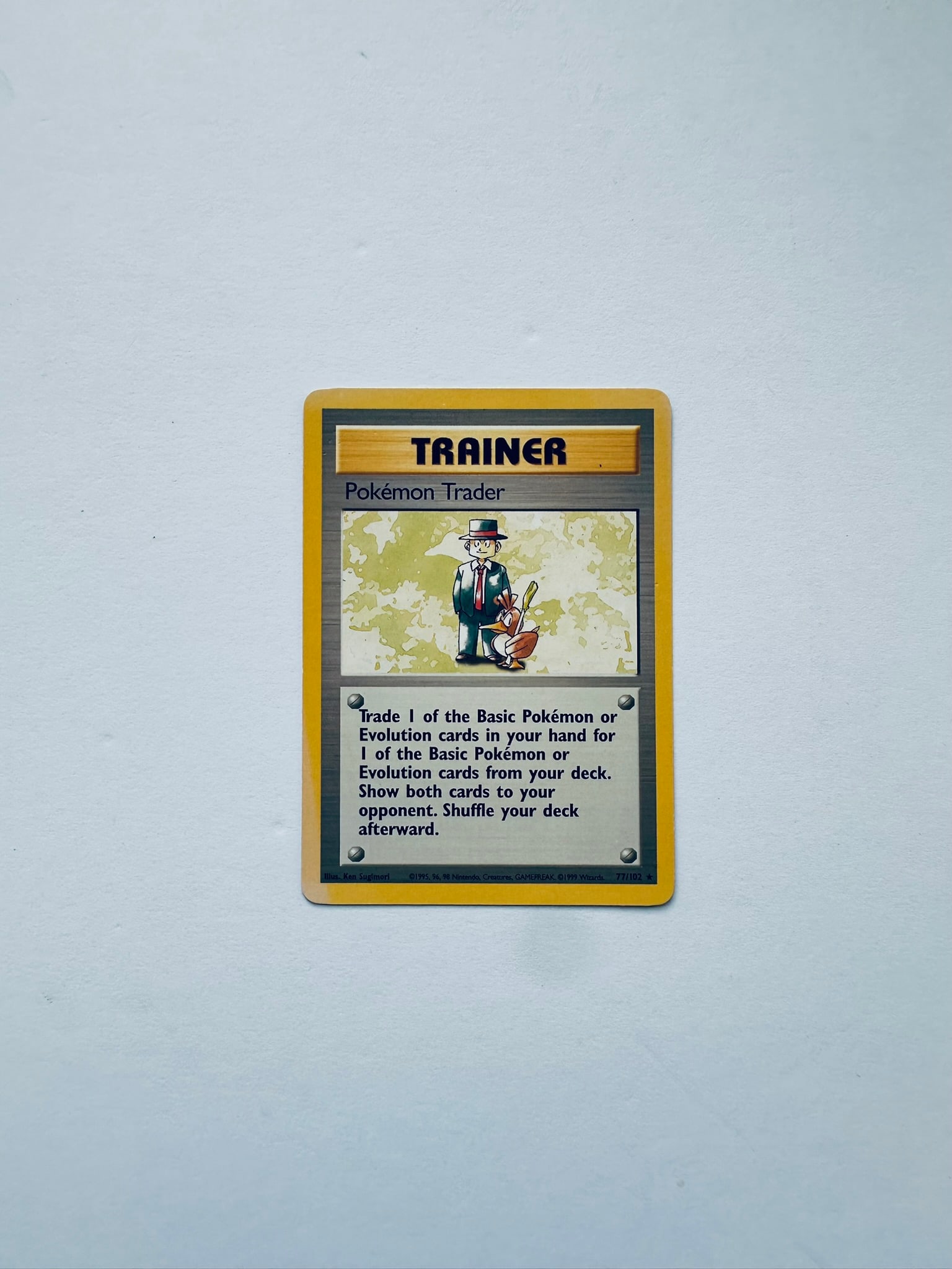 Pokemon Shadowless Base Set Trainer Pokemon Trader #77/102: Original Pokemon Shadowless Base Set Pokemon Trader trainer card #77/102 vintage Wizards of the Coast collectible.