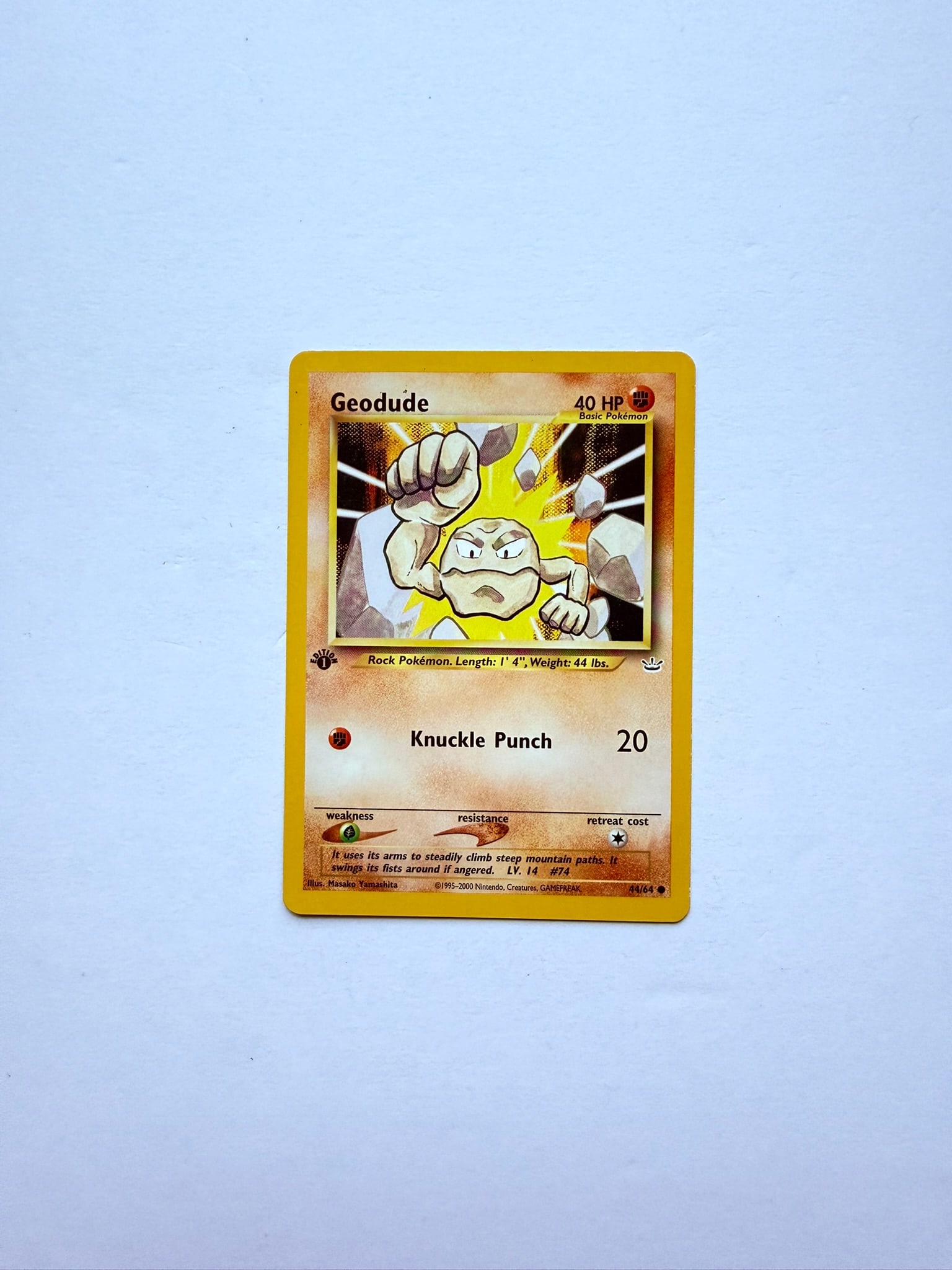 2000 Pokemon Neo Revelation Geodude #44/64 Trading Card: 2000 Pokémon Neo Revelation Geodude #44/64 card. Vintage Wizards of the Coast era Pokémon card featuring classic artwork and strong collector appeal. Perfect for set builders and Pokémon fans.