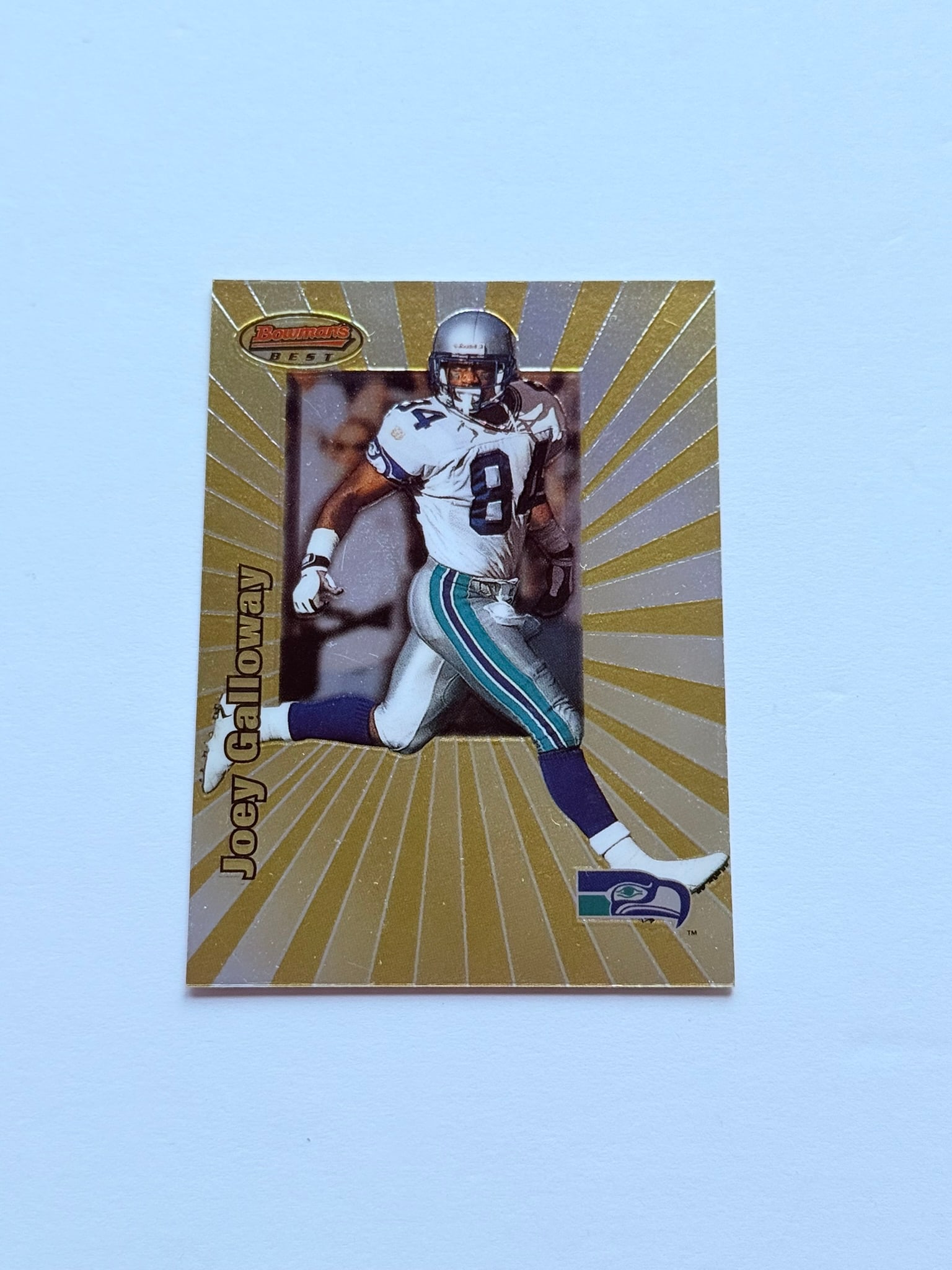 1998 Bowman's Best Joey Galloway #17 Seattle Seahawks Atomic Refractor Insert Card: 1998 Bowman's Best Joey Galloway #17 Atomic Refractor-style insert featuring the explosive Seattle Seahawks wide receiver. Eye-catching foil design popular with Seahawks and 1990s insert collectors.