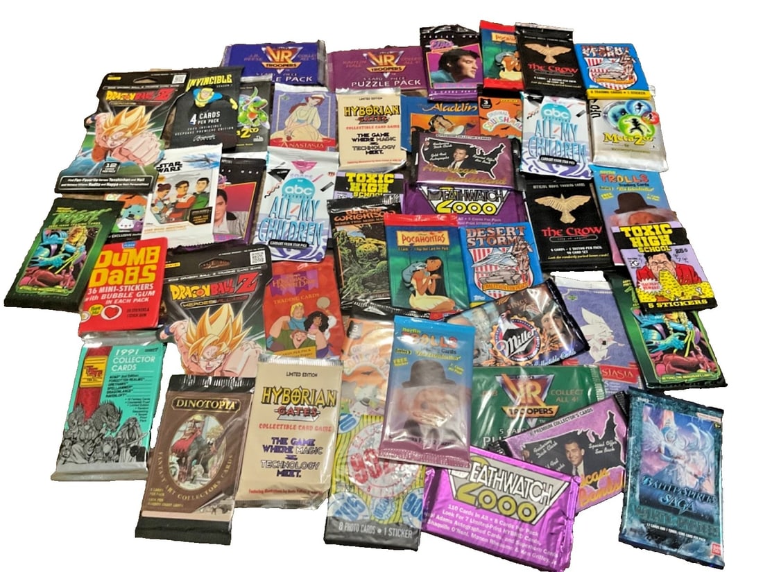 50 New Sealed Vintage 90s 00s Non-Sports Trading Card Packs + Free Extras Lot: Up for auction is an incredible lot of 50 brand new factory sealed non-sports trading card packs spanning the 1990s through modern releases, plus FREE bonus packs included!This mystery assortment feat