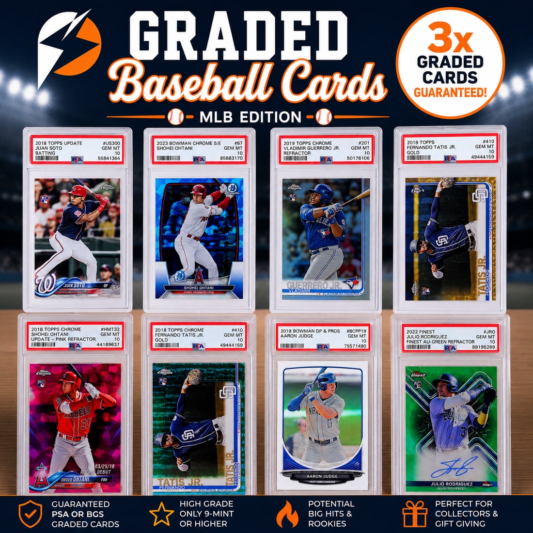 Three Graded Baseball Cards MLB Edition Gift Box | 3 PSA/BGS Graded Cards (Mint 9+ Guaranteed): Offered is a premium MLB Edition Graded Baseball Card Gift Box featuring three professionally graded baseball cards from today's top players and most recognizable stars.Each gift box includes:3 profes