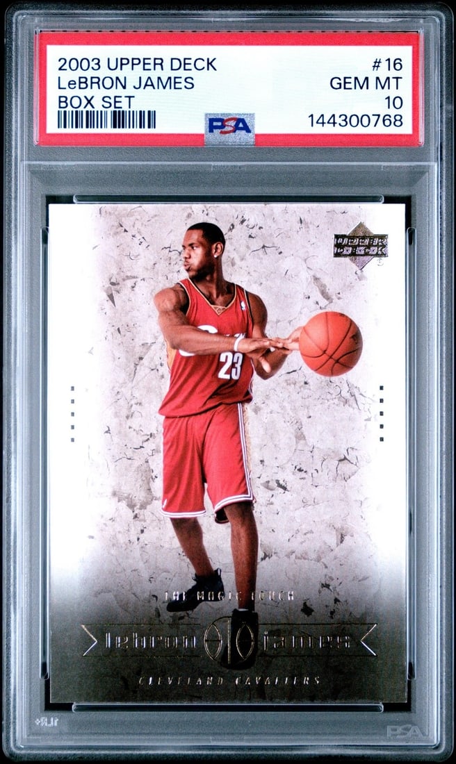 2003 Upper Deck LeBron James Box Set #16 PSA 10 Gem Mint Rookie Card: Offered is a 2003 Upper Deck LeBron James Box Set #16, professionally graded PSA 10 Gem Mint. Issued during LeBron James' celebrated rookie season, this card is among the most desirable early releases