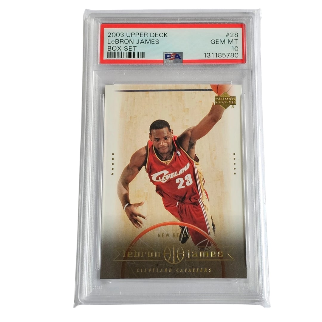 2003 Upper Deck Box Set #28 LeBron James Rookie RC PSA 10 Gem Mint: Offered is a 2003 Upper Deck Box Set #28 LeBron James Rookie Card, professionally graded PSA 10 Gem Mint. Issued during LeBron James' historic rookie season, this highly collectible card is one of the