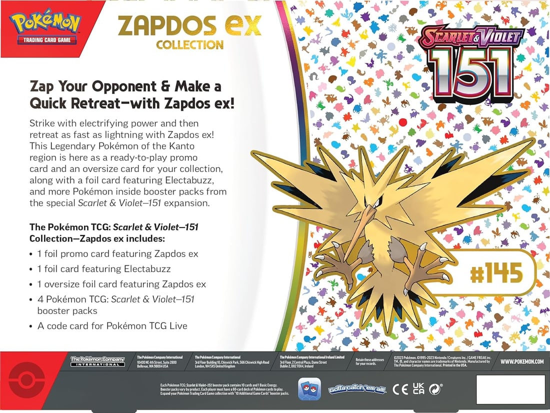 Pokemon TCG Scarlet & Violet 151 Zapdos ex Collection Box Factory Sealed: Offered is a brand new, factory sealed Pokemon TCG Scarlet & Violet 151 Zapdos ex Collection Box. Celebrating the original Kanto region, this premium collection features exclusive Zapdos ex promo card
