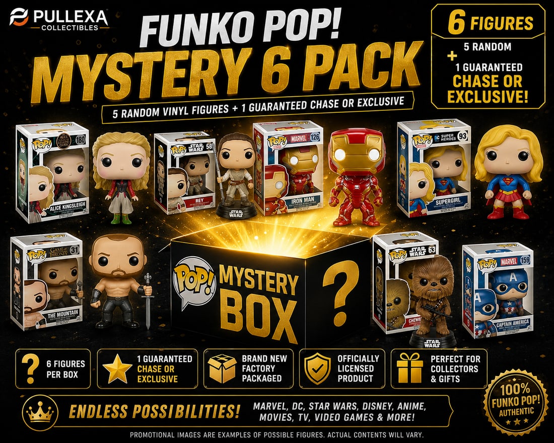 Funko Pop! Mystery 6 Pack | 5 Random Vinyl Figures + 1 Guaranteed Chase or Exclusive | New: This mystery lot includes six (5) brand-new Funko Pop! Vinyl Figures, including one (1) guaranteed Chase or Exclusive figure (total 6). Figures are randomly selected from a wide variety of officially 