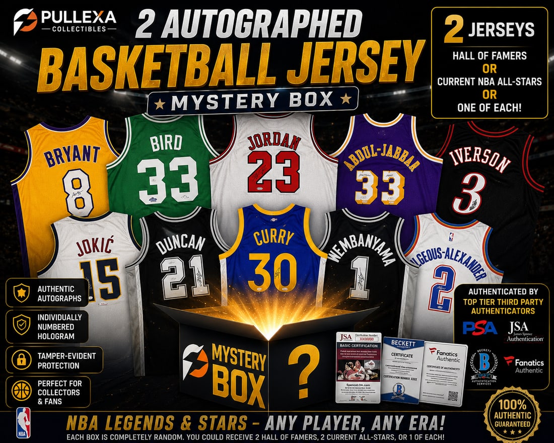 2 Autographed Basketball Jersey Mystery Box | Hall of Famer or Current NBA All-Star | PSA JSA: Take your collection to the next level with the Pullexa Basketball Jersey Mystery Box!Each mystery box includes 2 professionally autographed basketball jerseys authenticated by the hobby's most truste
