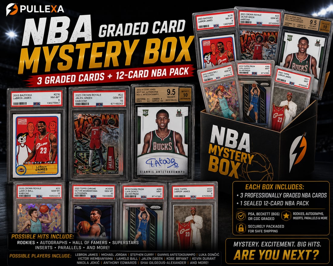 NBA Graded Card Mystery Box | 3 PSA, BGS, CGC Graded Basketball Cards + 12-Card NBA Pack | Rookie (1 of 1)
