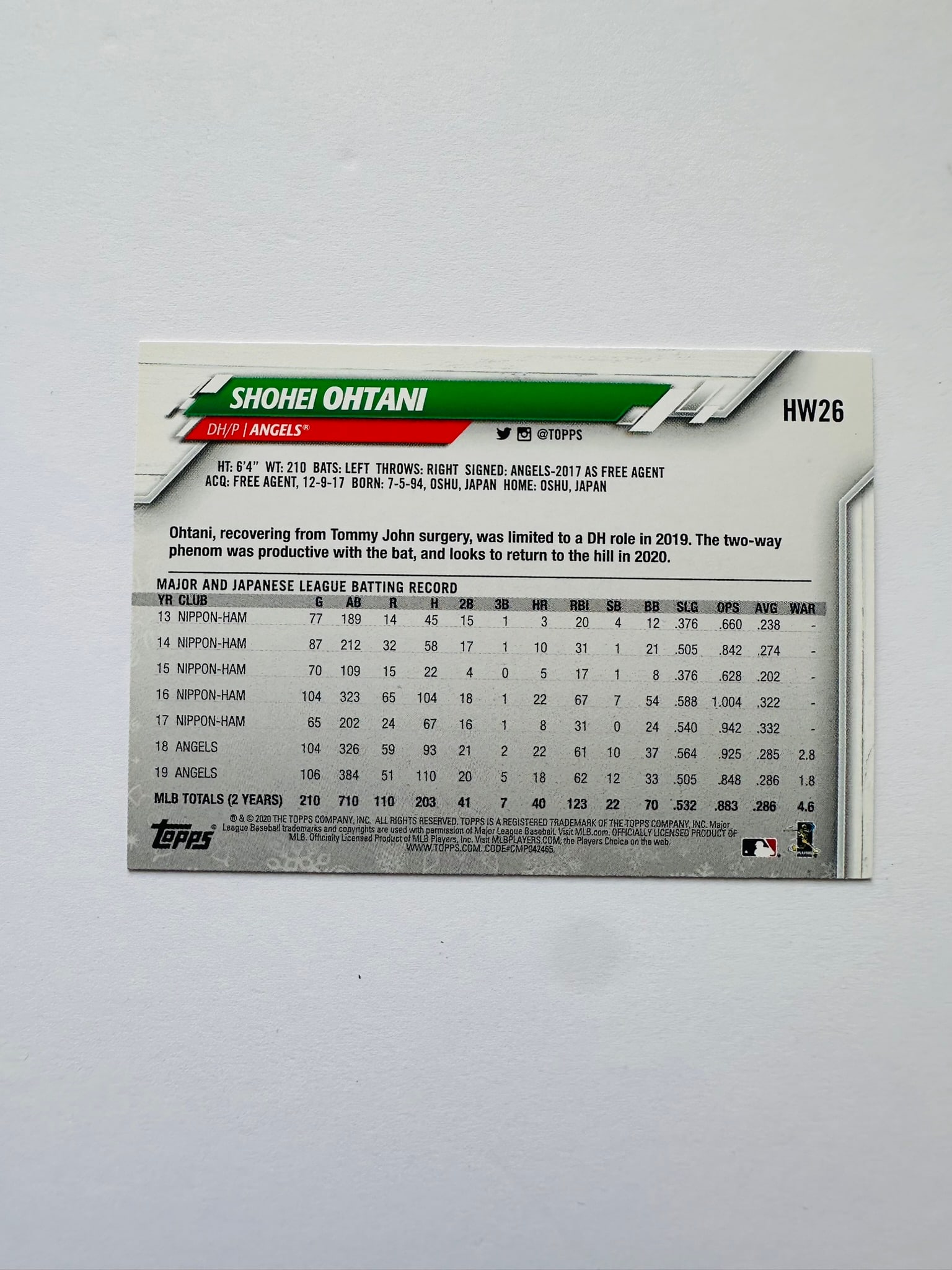 2020 Topps Holiday HW26 Shohei Ohtani Los Angeles Angels (1 of 2)