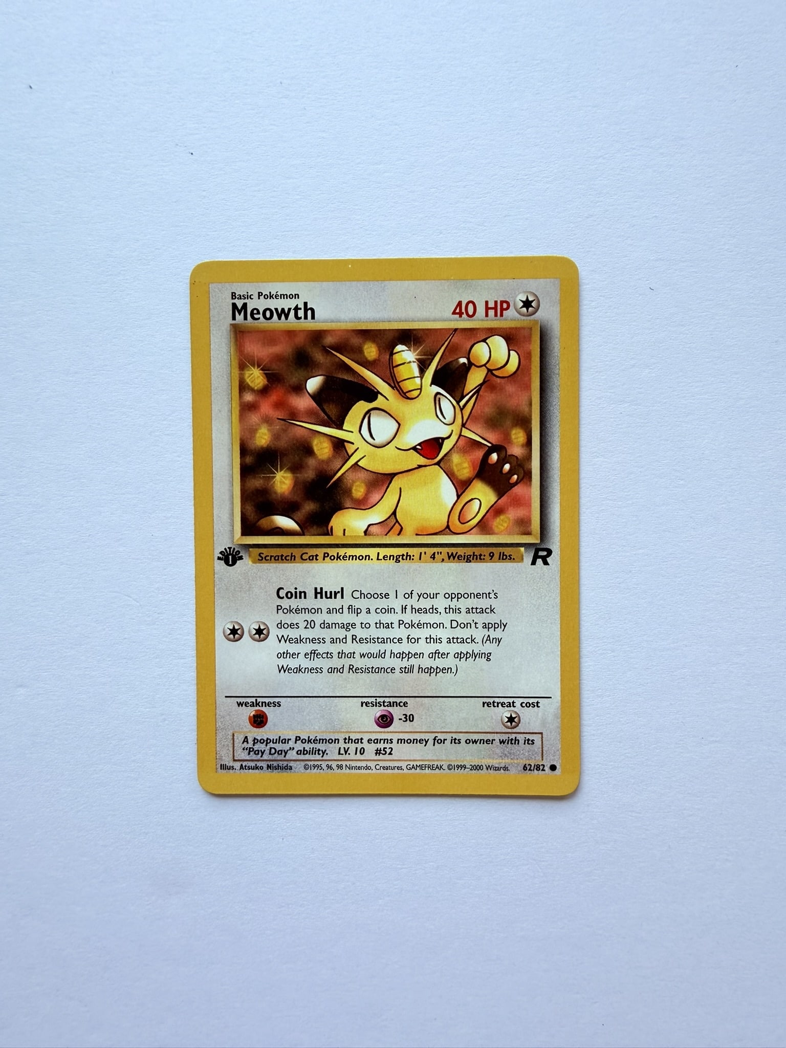 1st Edition Meowth 62/82 Team Rocket Pokemon Card Vintage (1 of 2)