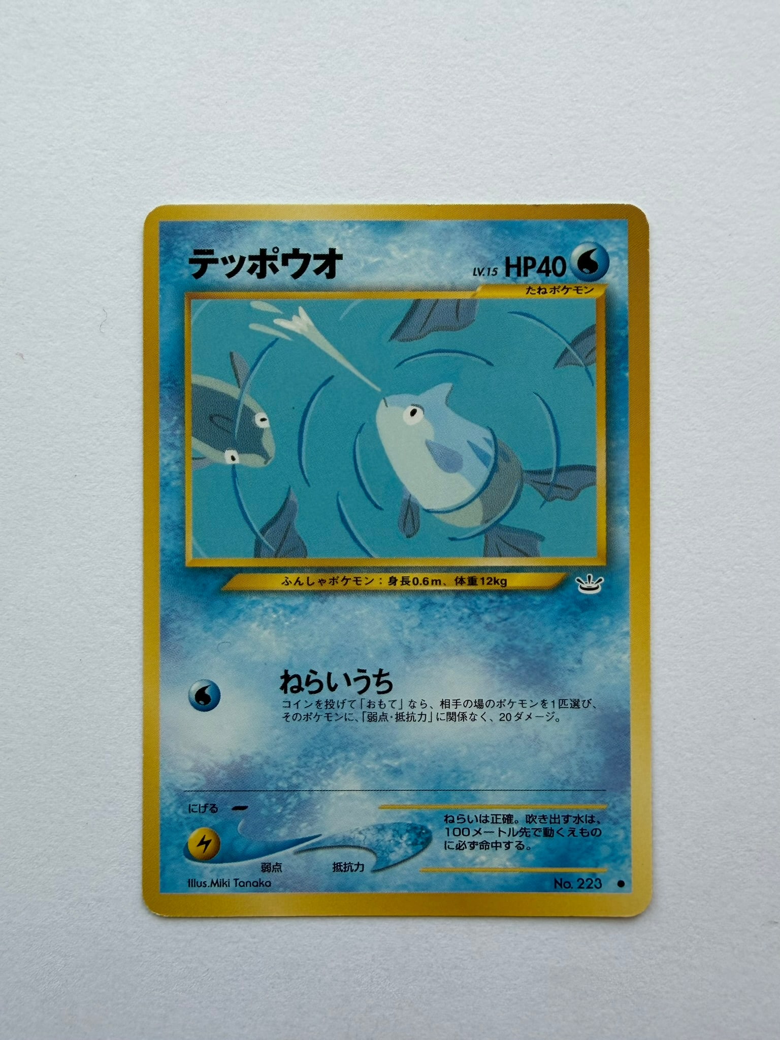 2001 Japanese Pokemon Remoraid No. 223 Neo Revelation: Vintage Japanese Remoraid No. 223 from the Neo Revelation-era Awakening Legends expansion. Non-holo card featuring artwork by Miki Tanaka. Ungraded with visible age-related edge and surface wear. Plea