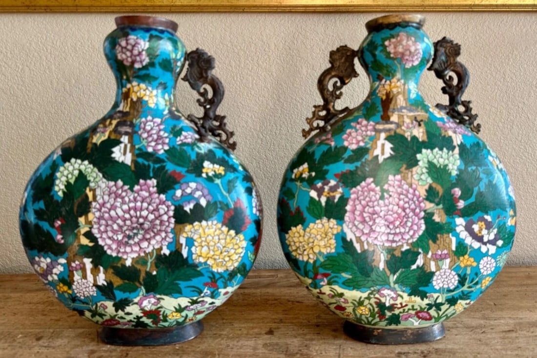 Pair Of Antique Chinese Cloisonné Moon Flask Vases, 19th Century, Qing Dynasty (1 of 3)