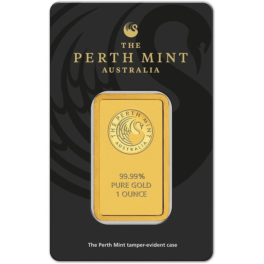 Perth Mint 1 oz .9999 Fine Gold Bar in Assay: Perth Mint 1 oz .9999 Fine Gold Bar in Assay. Investment-grade gold bullion bar offered as one troy ounce of .9999 fine gold in assay packaging. Assay design, serial number, packaging condition, and m