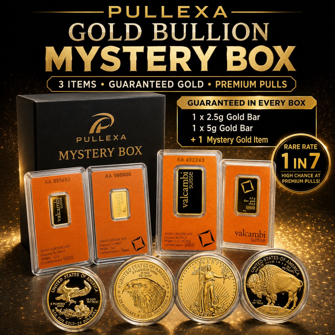 Gold Bullion Mystery Box | Guaranteed 7.5g Gold + Mystery Gold Bar or American Gold Coin | 3 Items (1 of 1)