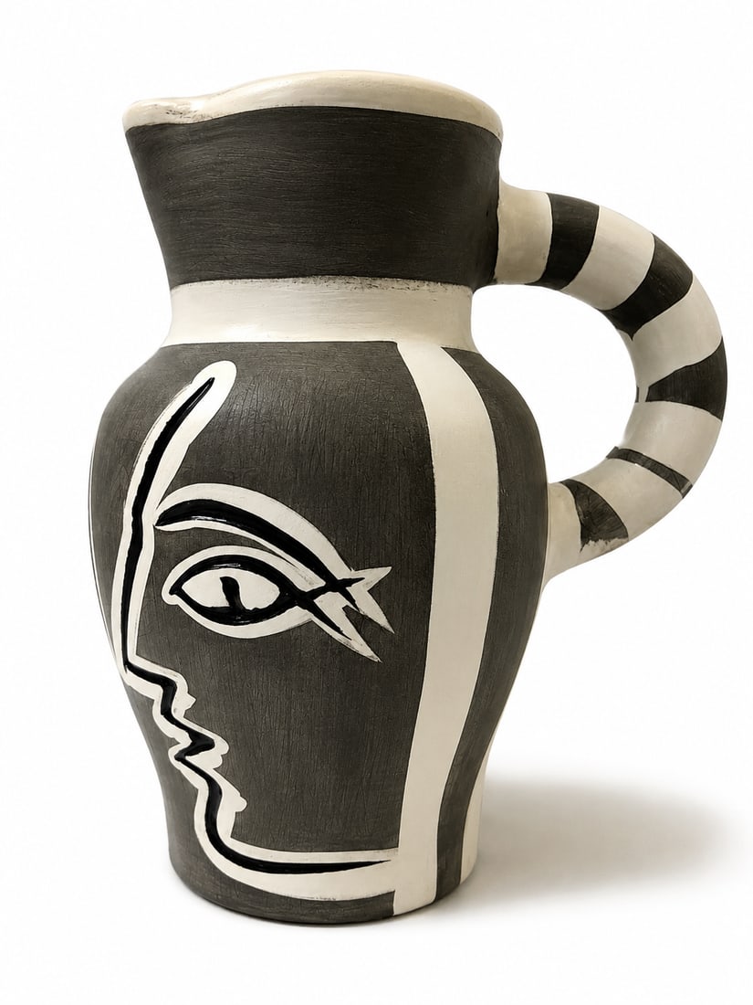 Pablo Picasso Pichet Grave Gris AR 246 Madoura Ceramic Pitcher 1954 Edition 500 COA: An authentic Pablo Picasso Pichet Grave Gris (A.R. 246) ceramic pitcher, conceived in 1954 and produced by the renowned Madoura Pottery, Vallauris, in a limited edition of 500.Executed in white earthe