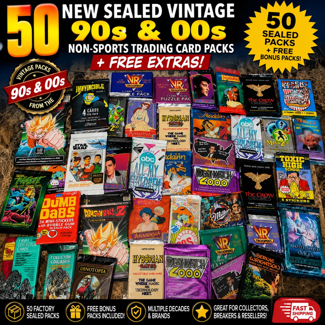 50 New Sealed Vintage 90s 00s Non-Sports Trading Card Packs + Free Extras Lot: Up for auction is an incredible lot of 50 brand new factory sealed non-sports trading card packs spanning the 1990s through modern releases, plus FREE bonus packs included!This mystery assortment feat
