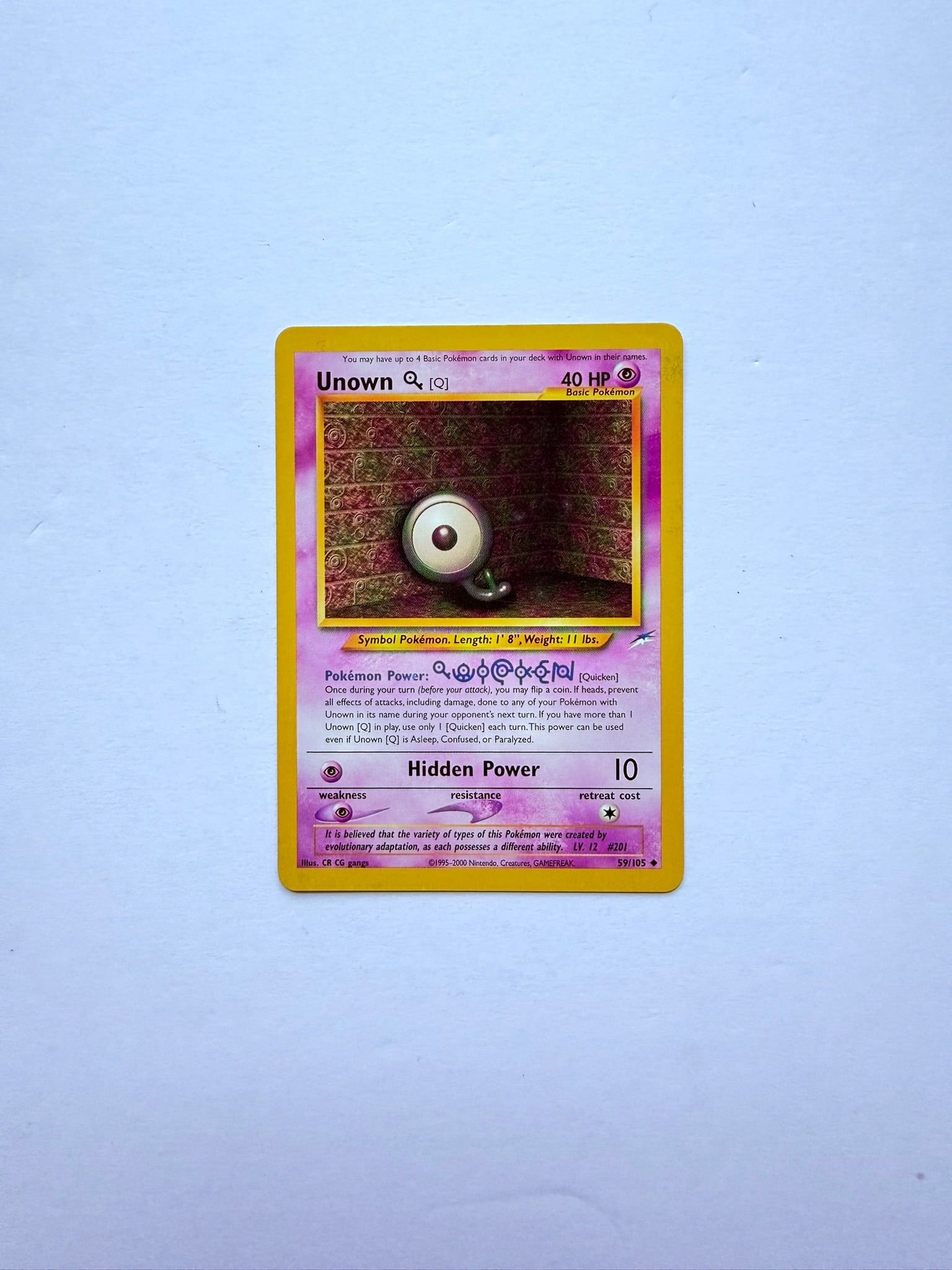 Pokémon TCG Unown Q 59/105 Neo Destiny Reverse Holo Rare Card LP-NM: Vintage Pokémon TCG Unown Q 59/105 card from Neo Destiny. A sought-after collectible from the Wizards of the Coast era, perfect for vintage Pokémon collections and Neo Destiny set builders.