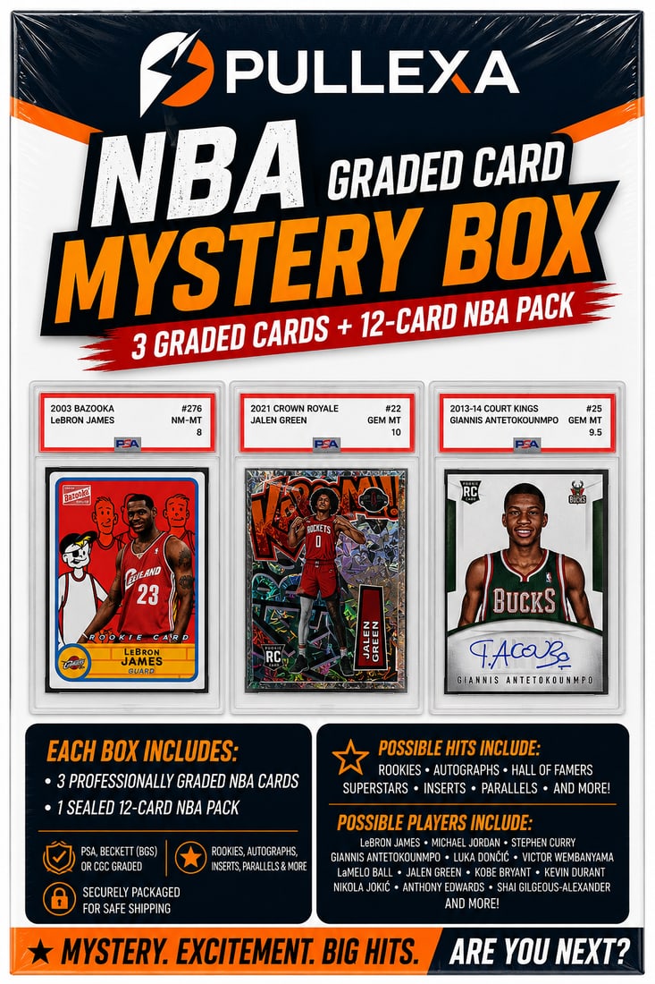 NBA Graded Card Mystery Box | 3 PSA, BGS, CGC Graded Basketball Cards + 12-Card NBA Pack: Take your basketball card collection to the next level with the Pullexa NBA Graded Card Mystery Box. Every mystery box includes 3 professionally graded basketball cards from the hobby's most trusted g