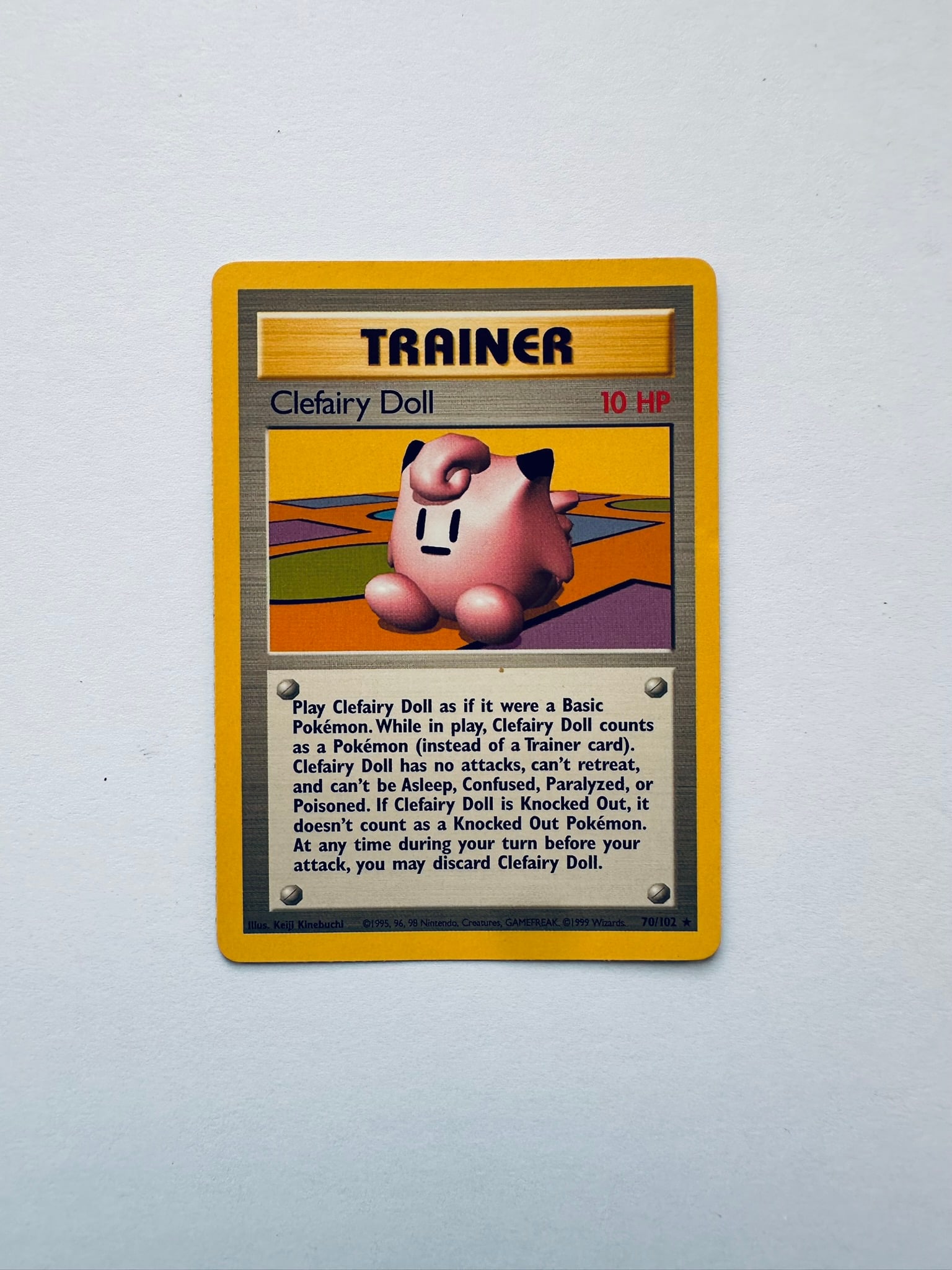 Pokémon TCG Shadowless Clefairy Doll Trainer Card 70/102 Base Set Unlimited: Authentic vintage Pokémon TCG Clefairy Doll Trainer card #70/102 from the original Base Set era. Classic WOTC collectible featuring iconic early-game Trainer artwork. Ideal for Pokémon card collecto