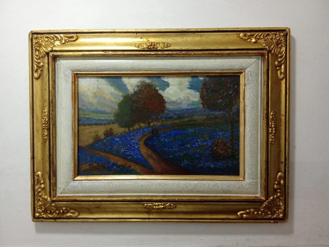 Porfirio Salinas Bluebonnets Texas Landscape Oil Painting on Canvas