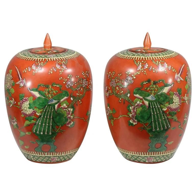 Pair of Late Qing Persimmon & Emerald Porcelain Ginger Jars (1 of 4)