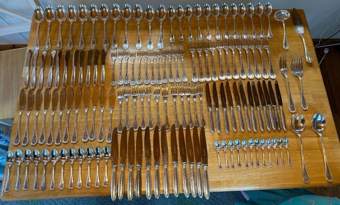 Christofle Rubans Silverplate Flatware Service Set - 137 Pieces France: Christofle Rubans Silverplate Flatware Service Set - 137 Pieces France. Extensive French silverplate flatware service in the Rubans pattern, described as a 137-piece dinner-size set. A substantial ser