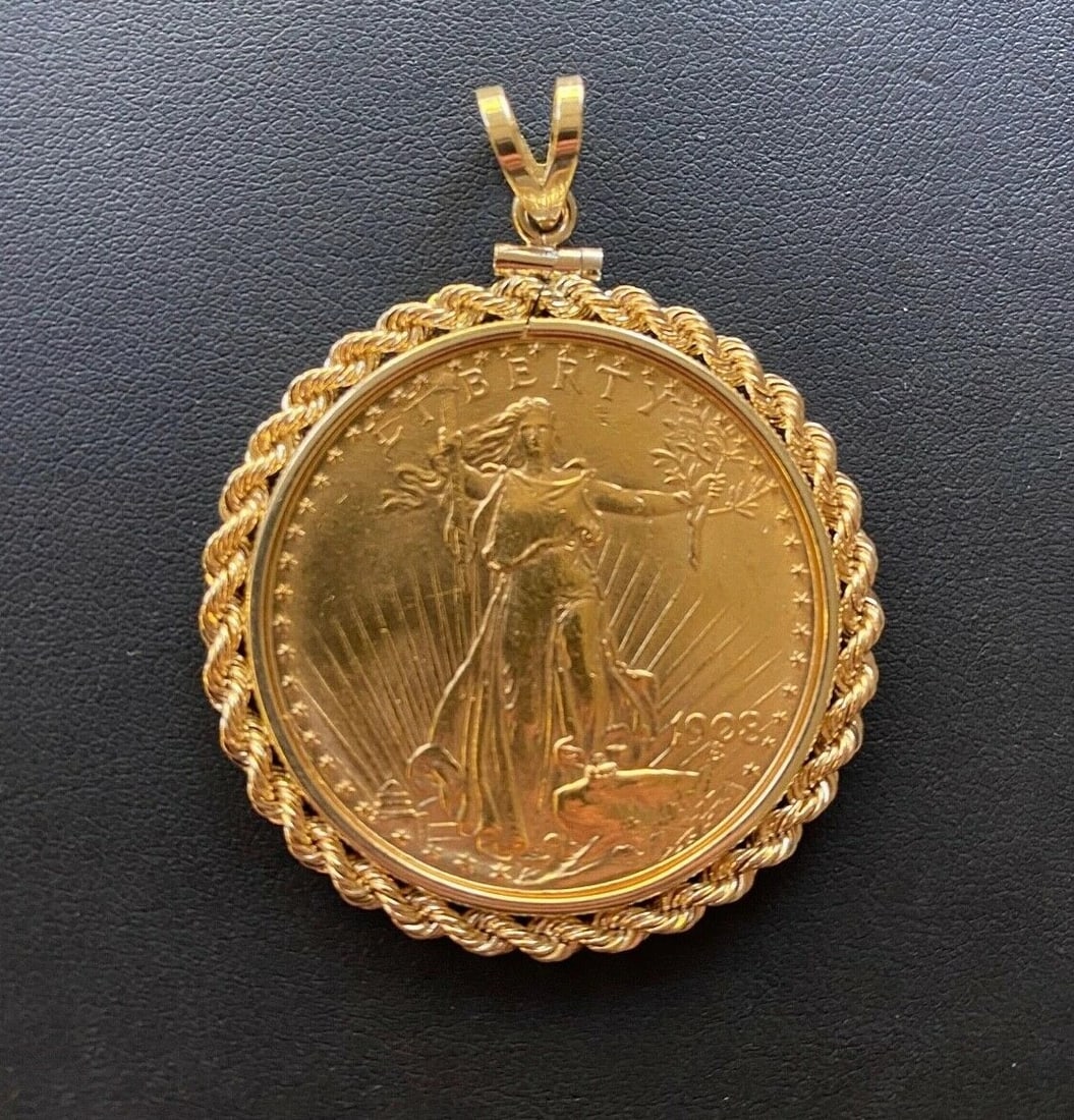 1908-P St. Gauden No Motto $20 Gold Double Eagle Coin & 14K Rope Bezel/Pendant