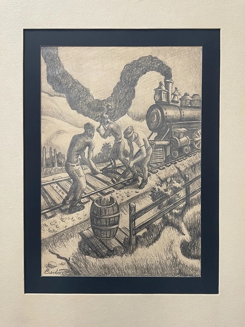 Thomas Hart Benton Railroad Men Figural Drawing: Thomas Hart Benton Railroad Men Figural Drawing. Decorative and collectible artwork offered presented with the identifying details shown. Suitable for collectors, galleries, offices, or residential di