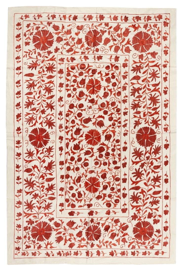 Uzbek Suzani Embroidered Cotton and Silk Textile Bed Cover 4.8 x 7 Ft (1 of 3)