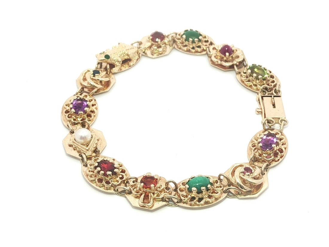 Vintage Victorian Revival Yellow Gold Multi-Gemstone Slide Charm Bracelet (1 of 4)
