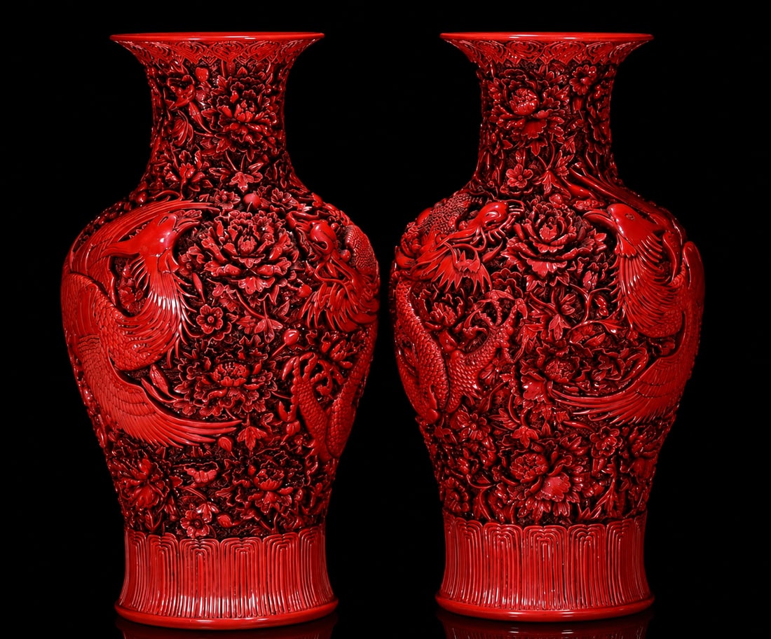 Qianlong-Marked Lacquerware Porcelain Dragon & Phoenix Vase: Qianlong-Marked Lacquerware Porcelain Dragon & Phoenix Vase. This finely crafted Chinese decorative work features traditional motifs and detailed handwork in Lacquerware Porcelain Origin: Chinese. The