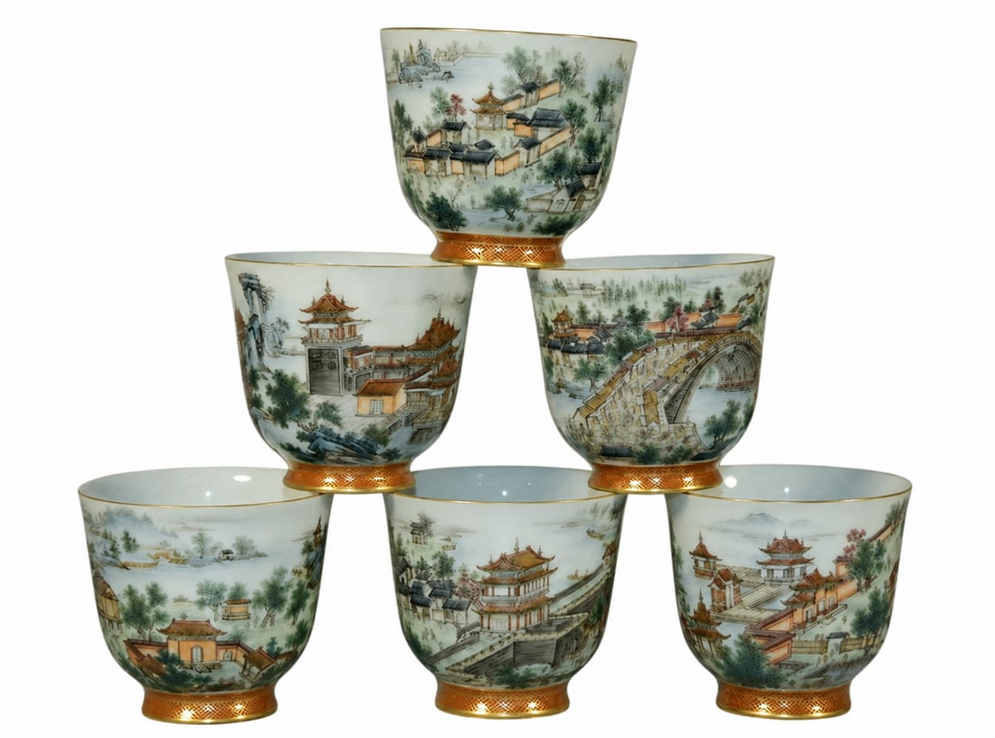 Chinese Famille-Rose Riverside Scene Cup Set (1 of 7)