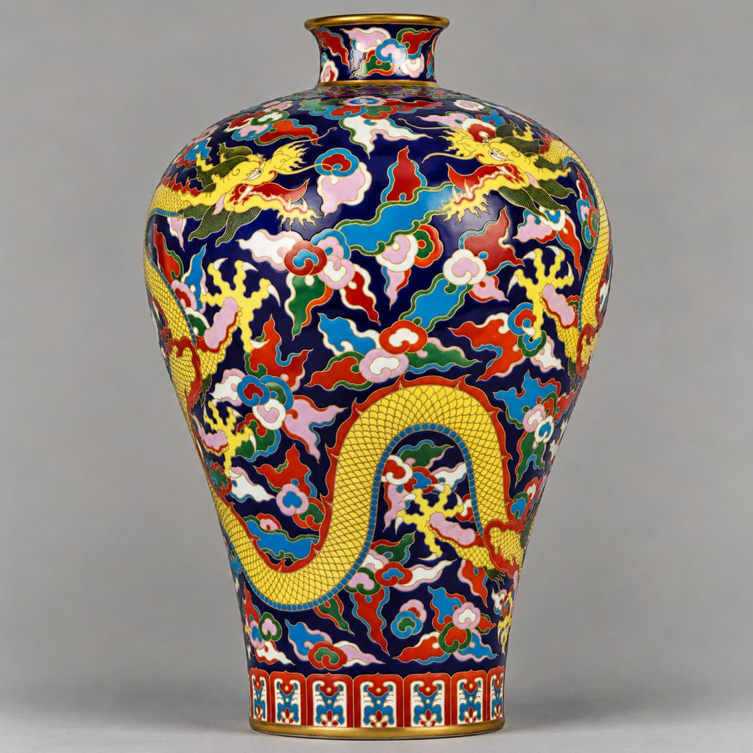 Pair of Qianlong-Marked Enameled Porcelain Dragon Bottle Vases
