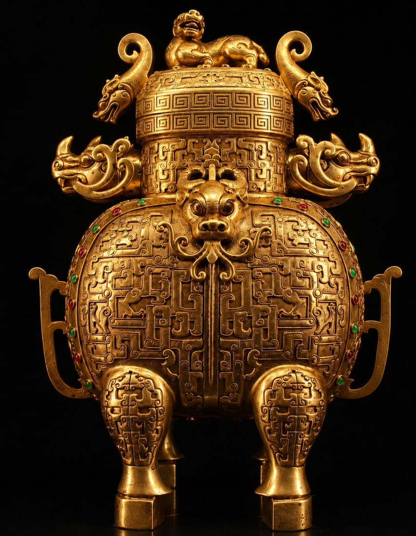 Qianlong-Marked Gilt Bronze Gem-Inlaid Dragon Zun Vase