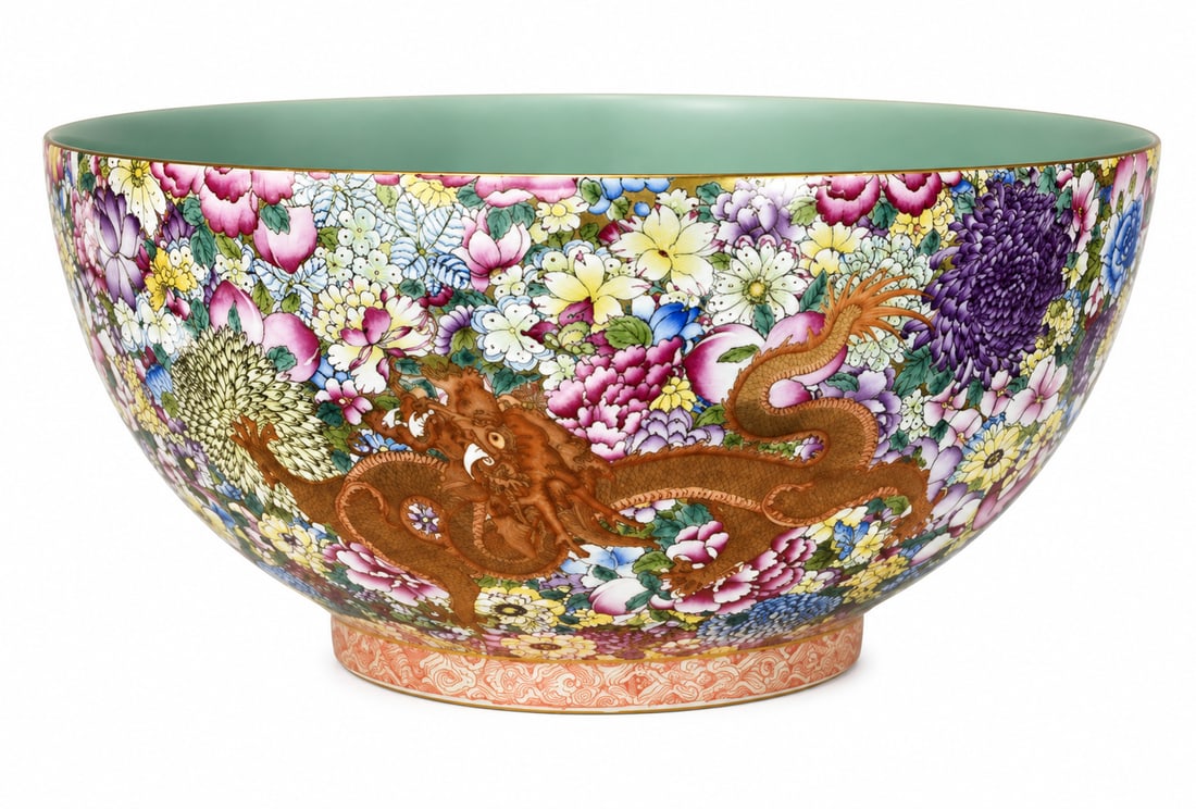 Qianlong-Marked Famille-Rose Dragon & Floral Porcelain Bowl