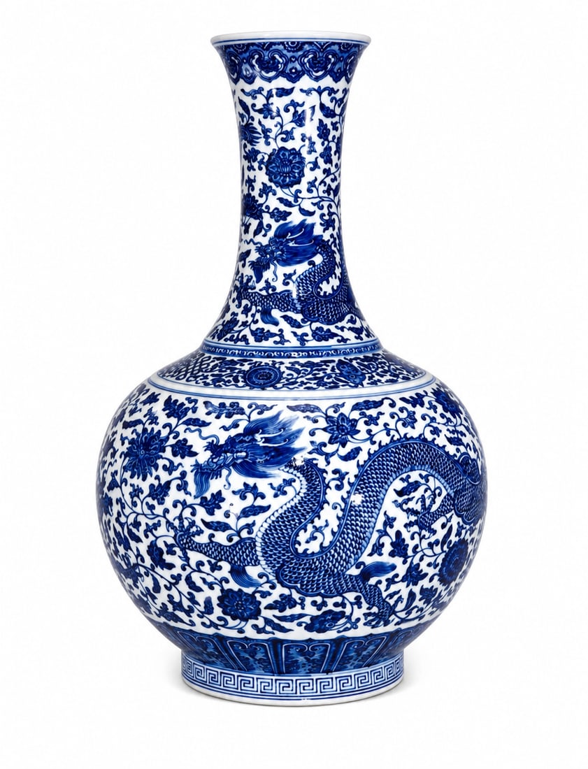 Qianlong-Marked Blue & White Palace Dragon Porcelain Vase: Qianlong-Marked Blue & White Palace Dragon Porcelain Vase. This finely crafted Chinese decorative work features traditional motifs and detailed handwork in Porcelain Origin: China. The composition ref
