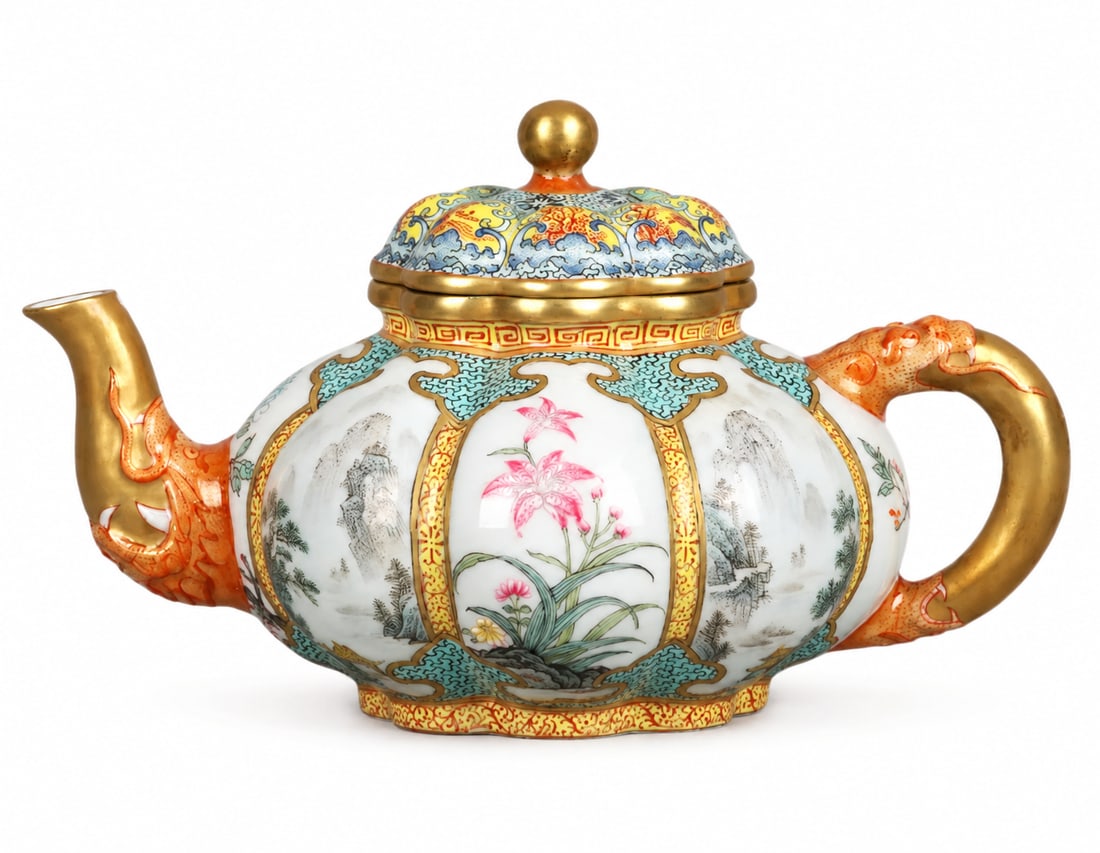 Qianlong-Marked Enameled Gilt Porcelain Four Gentlemen Teapot (1 of 7)