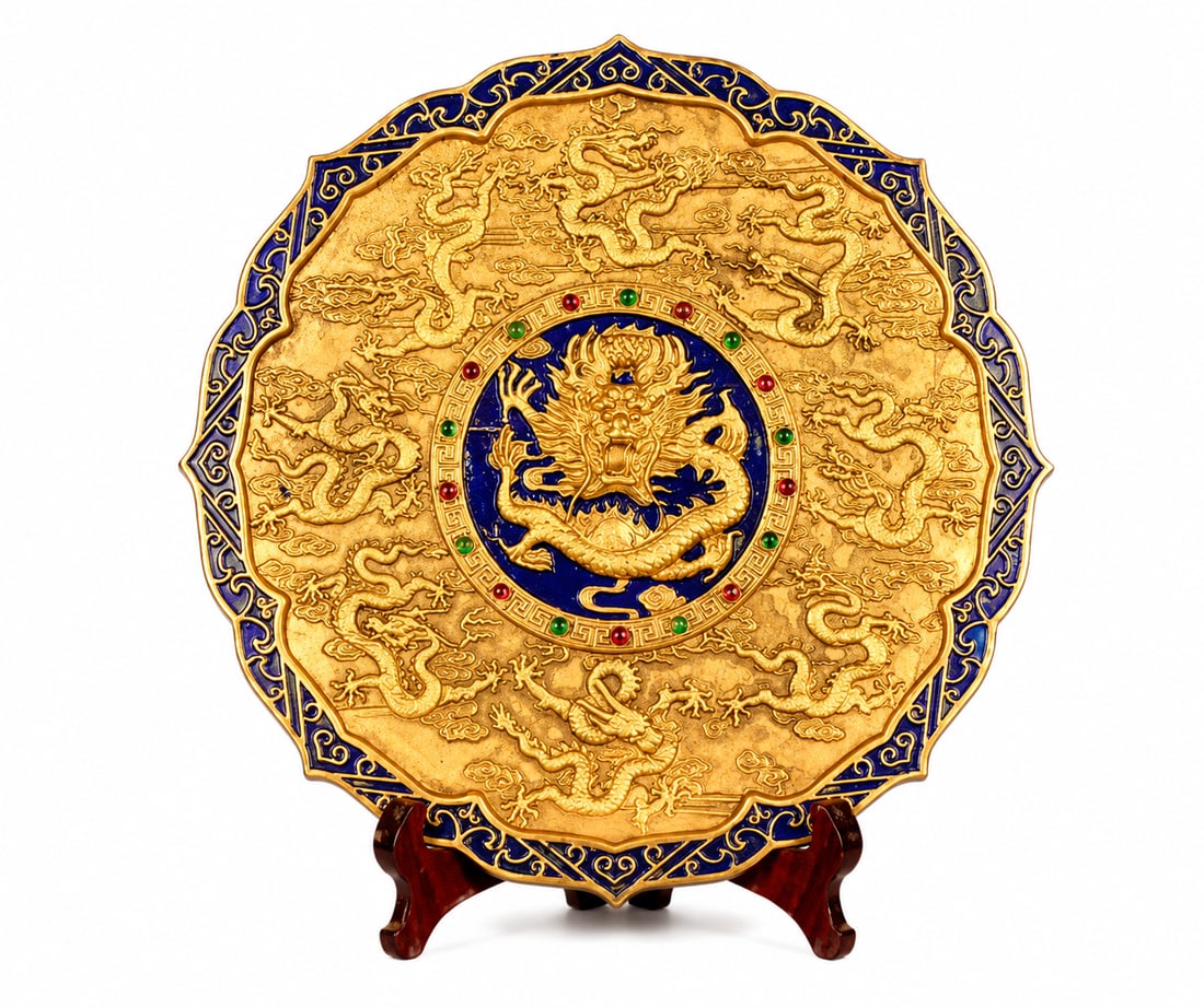 Qianlong-Marked Gilt Bronze Gem-Inlaid Nine-Dragon Plate