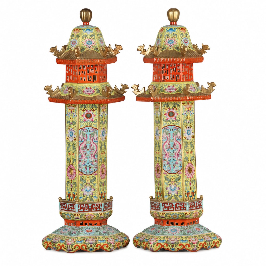 Pair of Qianlong-Marked Famille-Rose Porcelain Stupa Towers