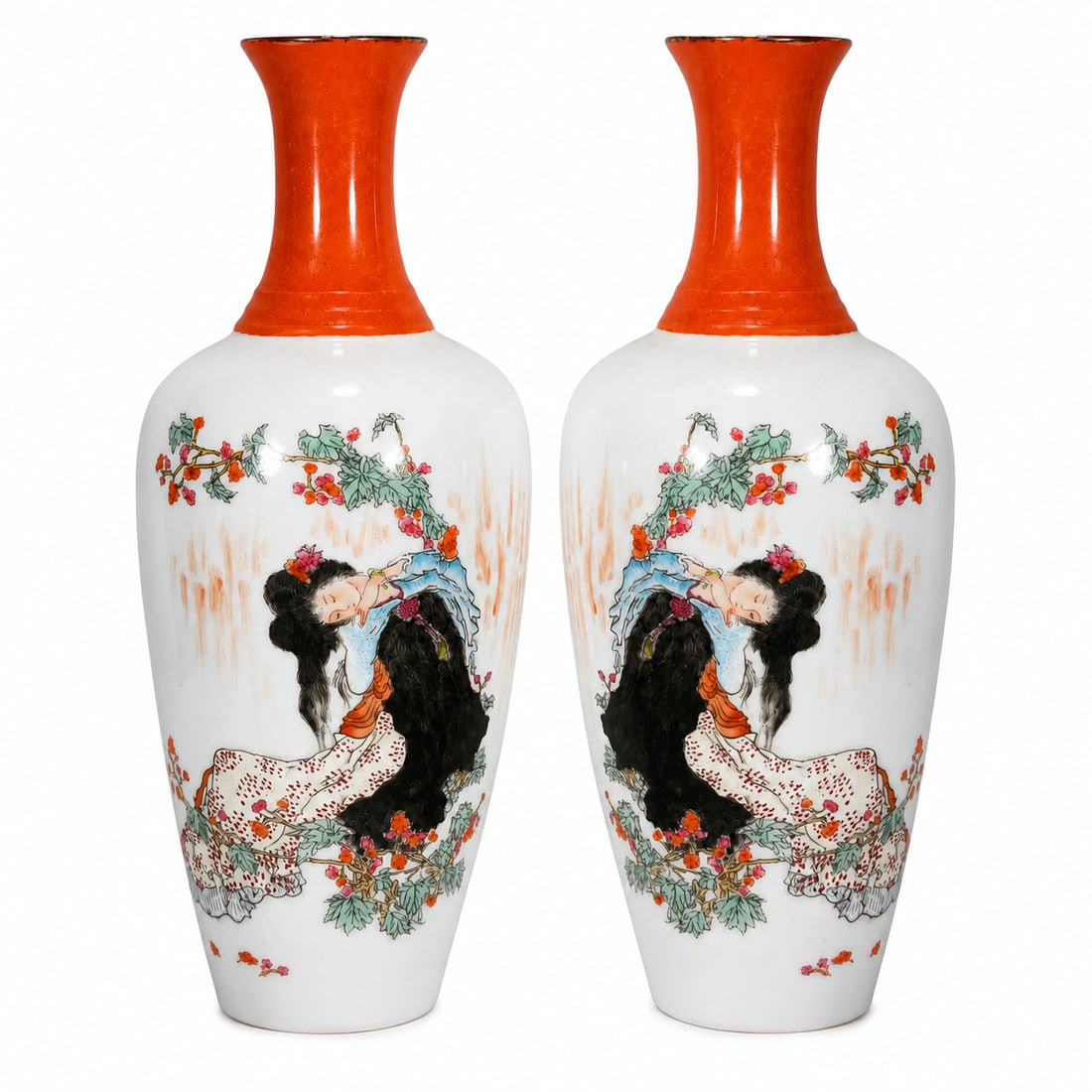 Pair of Qianlong-Marked Famille-Rose Beauty Bottle Vases: Pair of Qianlong-Marked Famille-Rose Beauty Bottle Vases. This finely crafted Chinese decorative work features traditional motifs and detailed handwork in Famille rose Porcelain Origin : China. The co