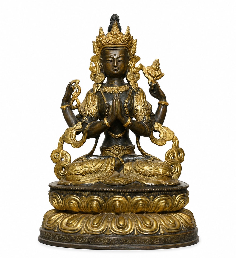 Tibetan Gilt-Bronze Four-Armed Chenrezig Buddha Statue (1 of 6)