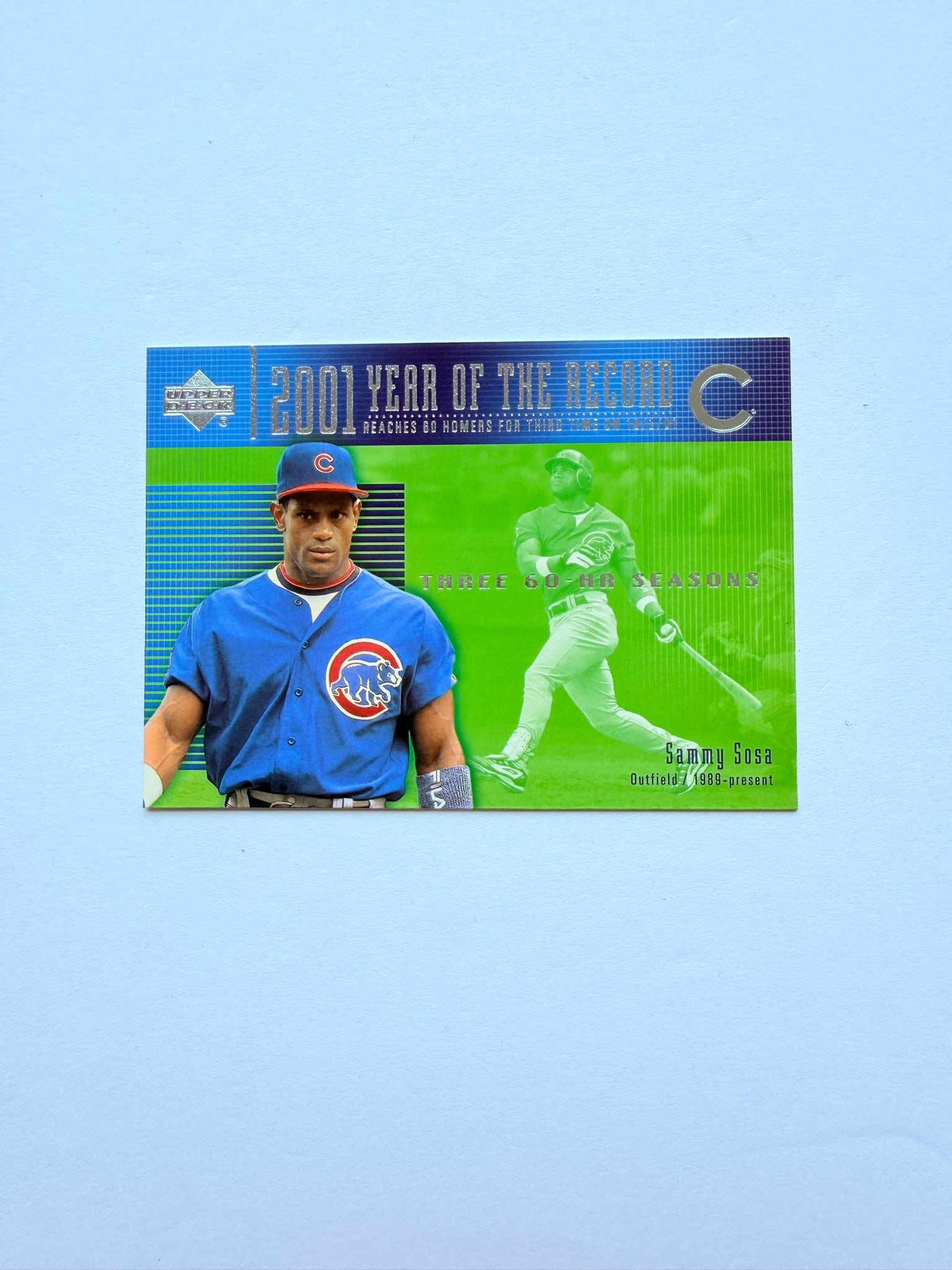 2001 Upper Deck Year of the Record #731 Sammy Sosa 60 Home Runs Insert Card: 2001 Upper Deck Year of the Record #731 Sammy Sosa insert commemorating his third 60-home-run season with the Chicago Cubs. Eye-catching insert celebrating one of baseball's most prolific power hitter