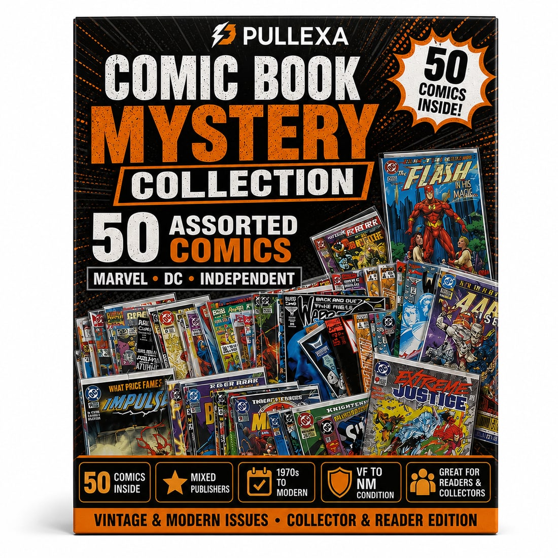 Large Assorted Comic Book Collection of 50 Marvel, DC & Independent Comics, c. 1970s–Modern: This lot features an assorted collection of approximately 50 comic books published by Marvel Comics, DC Comics, and various independent publishers. Titles may include popular series and characters suc