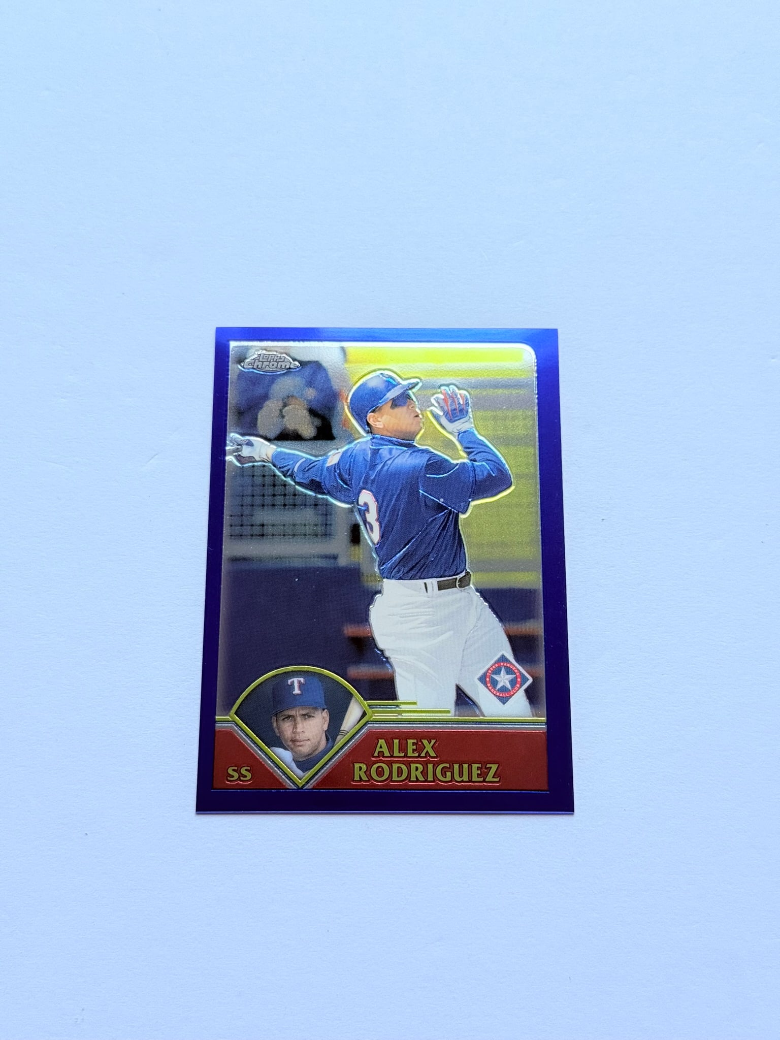 2003 Topps Chrome Traded #1 Alex Rodriguez Purple Refractor Texas Rangers SSP: 2003 Topps Chrome Traded #1 Alex Rodriguez Purple Refractor featuring the future Hall of Famer during his Texas Rangers tenure. Eye-catching purple parallel with strong collector appeal for A-Rod, Ran