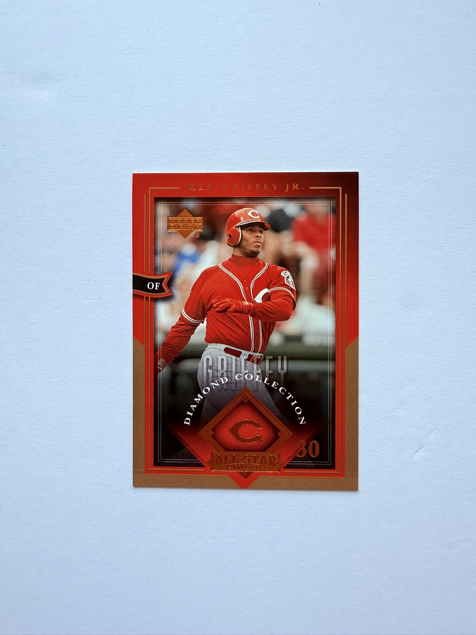 Ken Griffey Jr Upper Deck Diamond Collection Reds Card: Ken Griffey Jr. Upper Deck Diamond Collection card featuring Griffey during his Cincinnati Reds career. Attractive red and gold foil styling with strong display appeal.