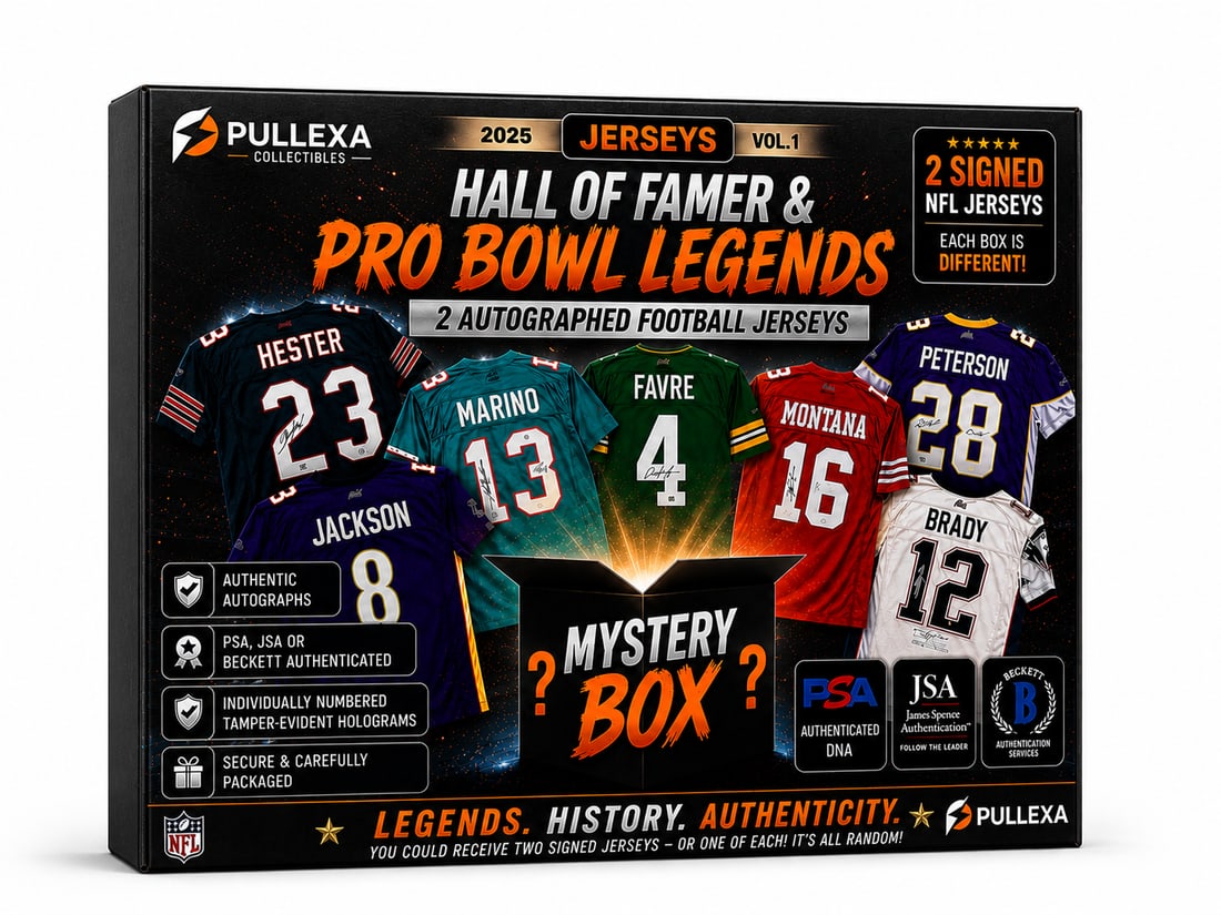 2 Autographed Football Jersey Mystery Box | Silver Series 4 | PSA, JSA or Beckett COA | NFL Hall of: Receive 2 professionally autographed football jerseys featuring NFL Hall of Famers, All-Time Pro Bowlers, MVPs, Super Bowl Champions, and legendary players.Every jersey is authenticated by PSA, JSA, o