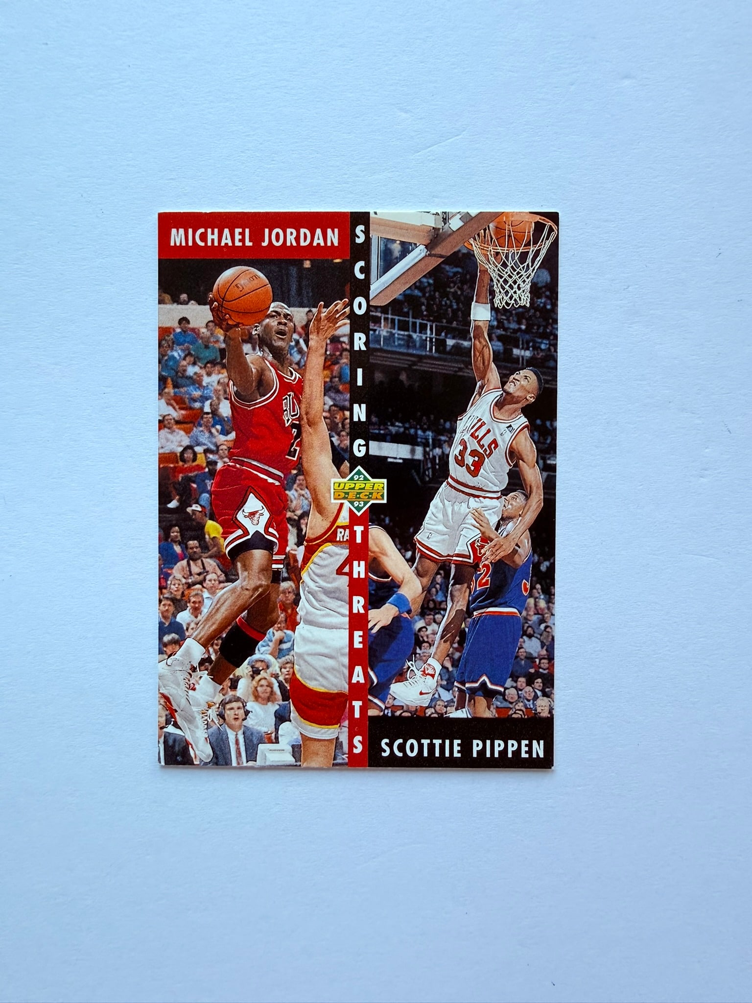 1992 Upper Deck Michael Jordan Scottie Pippen Scoring Threats #62: 1992 Upper Deck Scoring Threats insert featuring Chicago Bulls legends Michael Jordan and Scottie Pippen. Classic early-90s Bulls collectible from Upper Deck’s premium basketball release era.